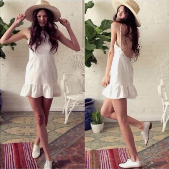 Stone Cold Fox Jacquard Pistol Backless Mini Dress 2 M/L White Satin Ruffle Hem - Picture 1 of 9
